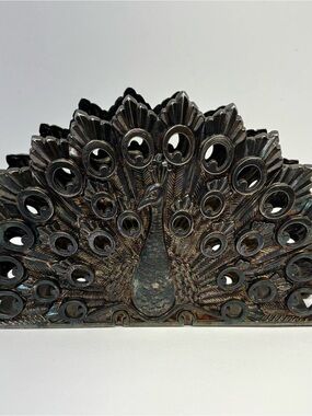 Vintage Art Deco Silver Metal Peacock Napkin or Letter Holder Made In Italy